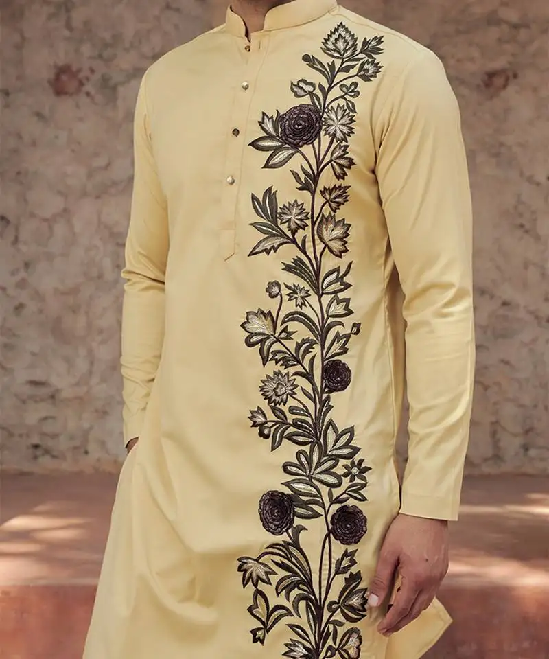 Yellow embroidered cotton kurta