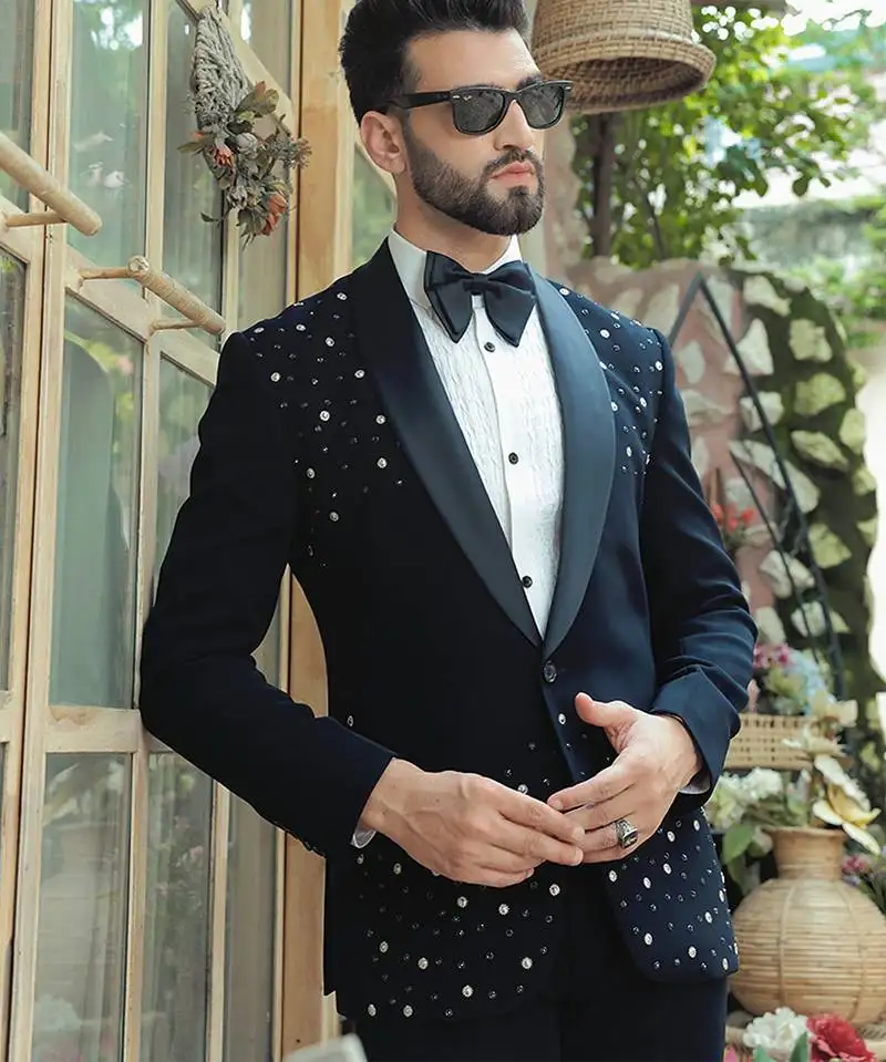 Blue embroidered crepe tuxedo