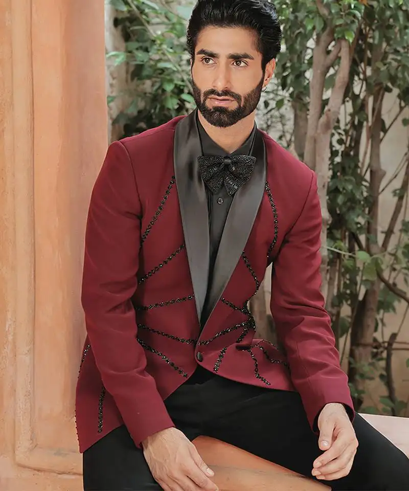 Red embroidered crepe tuxedo