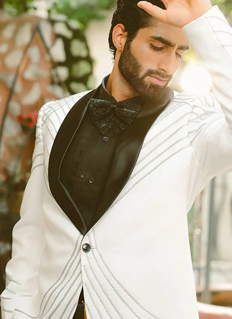 White embroidered crepe tuxedo