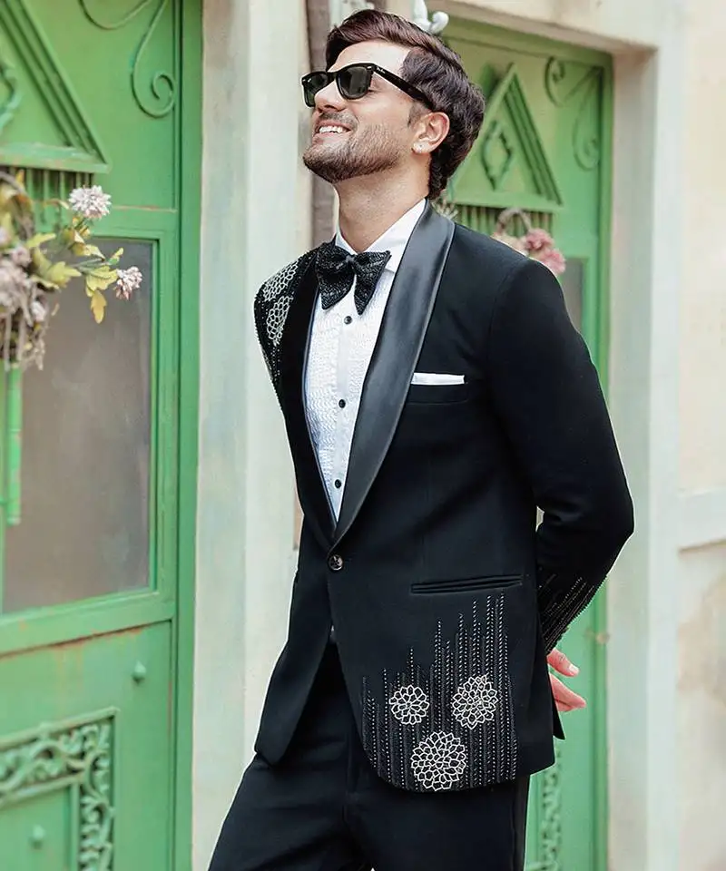 Black embroidered crepe tuxedo
