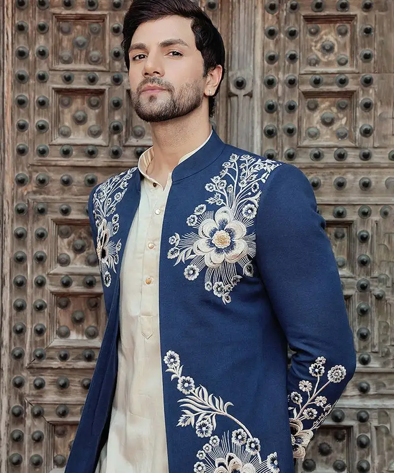Blue embroidered jute jacket with kurta & pant