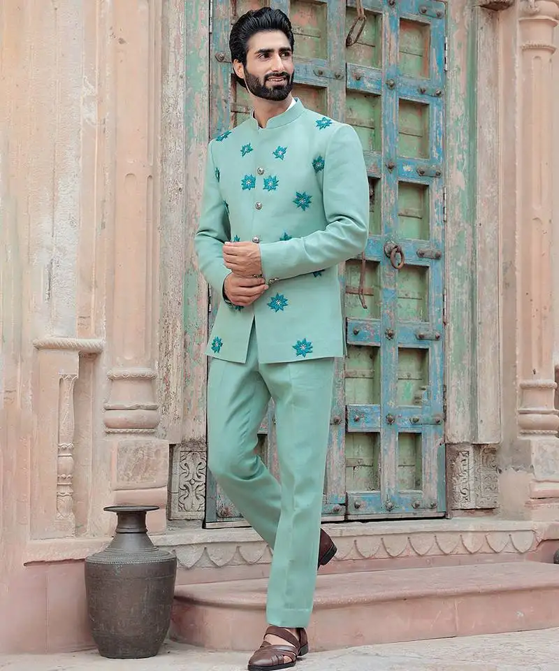 Blue embroidered jute bandhgala