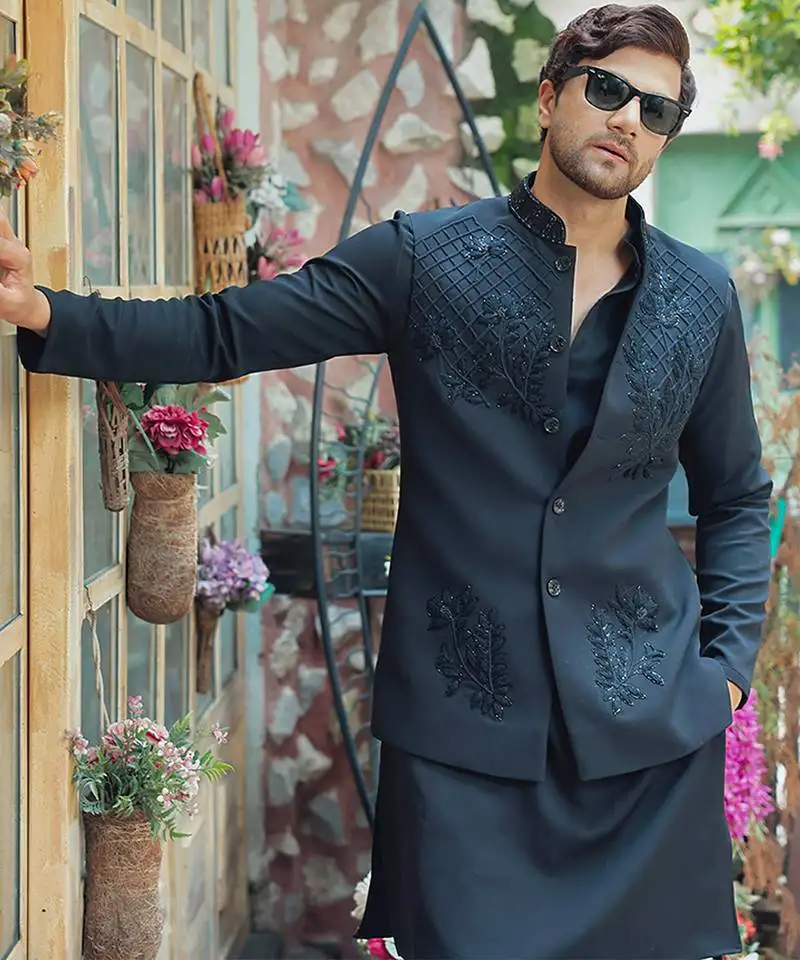 Black embroidered crepe kurta nehru jacket