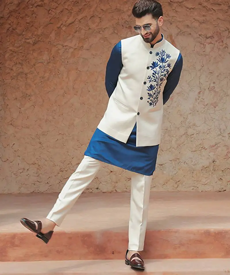 White embroidered crepe kurta nehru jacket