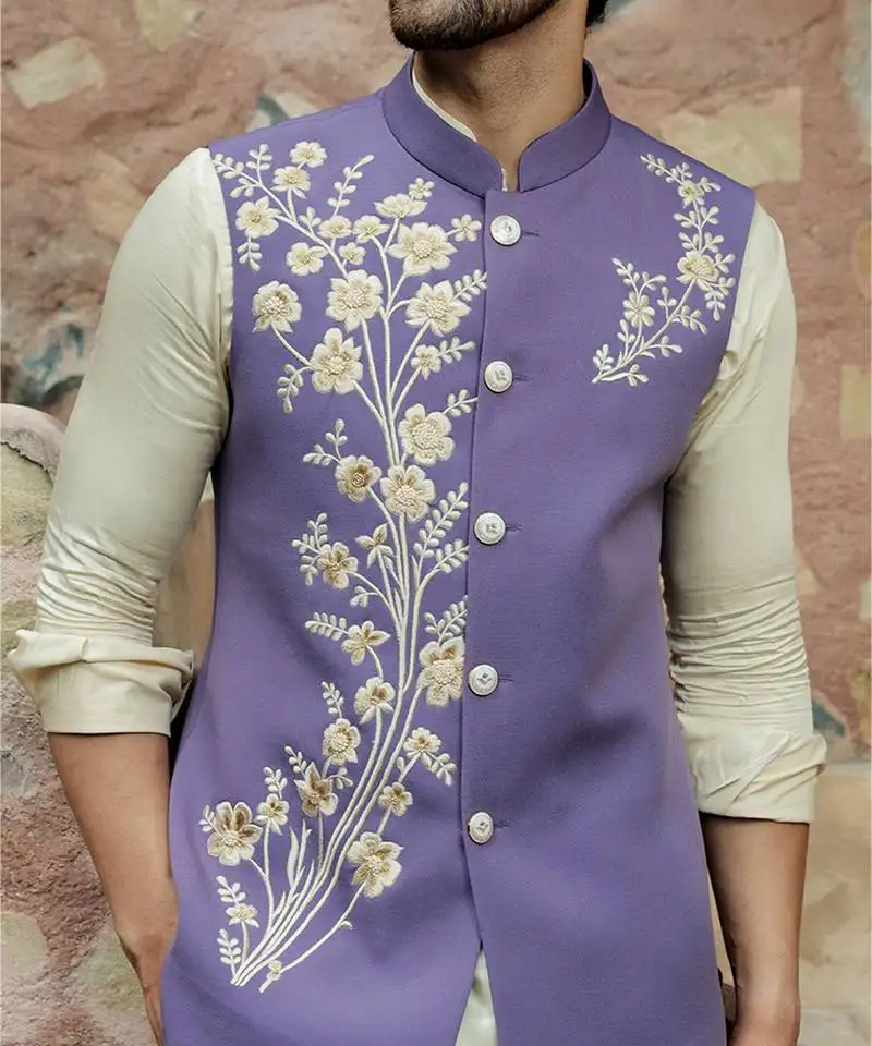 Purple embroidered crepe kurta nehru jacket