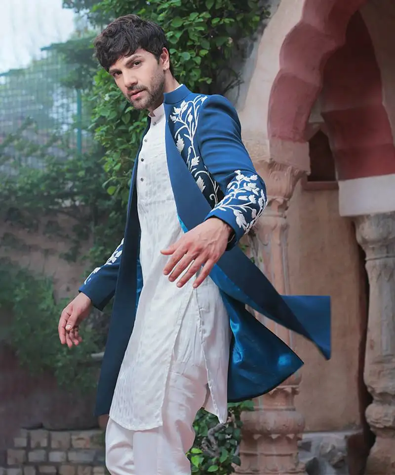 Blue embroidered crepe indo-western