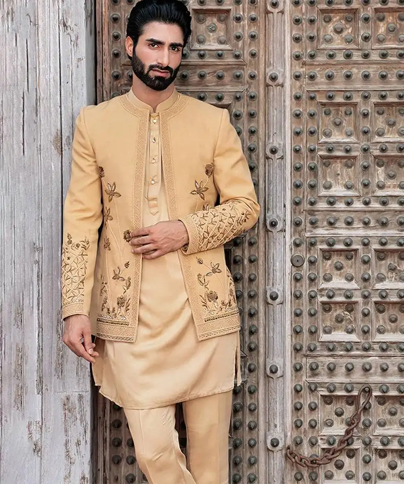 Yellow embroidered jute open jackets