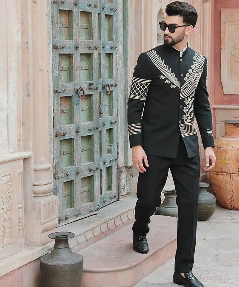 Black embroidered jute bandhgala