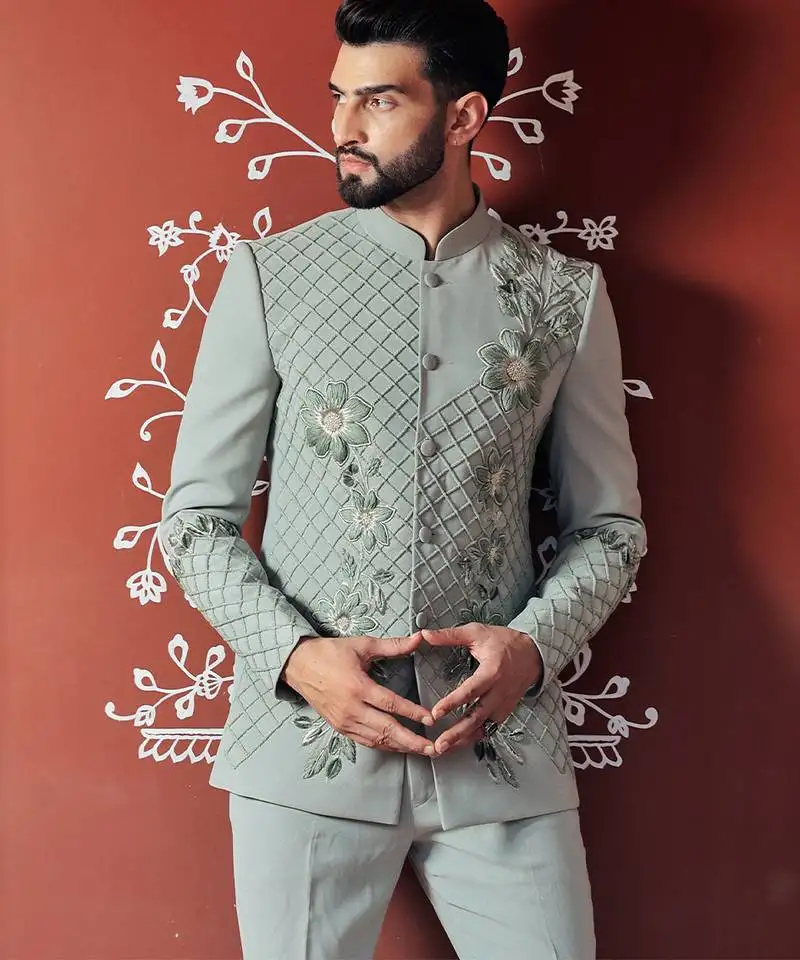 Blue embroidered crepe bandhgala