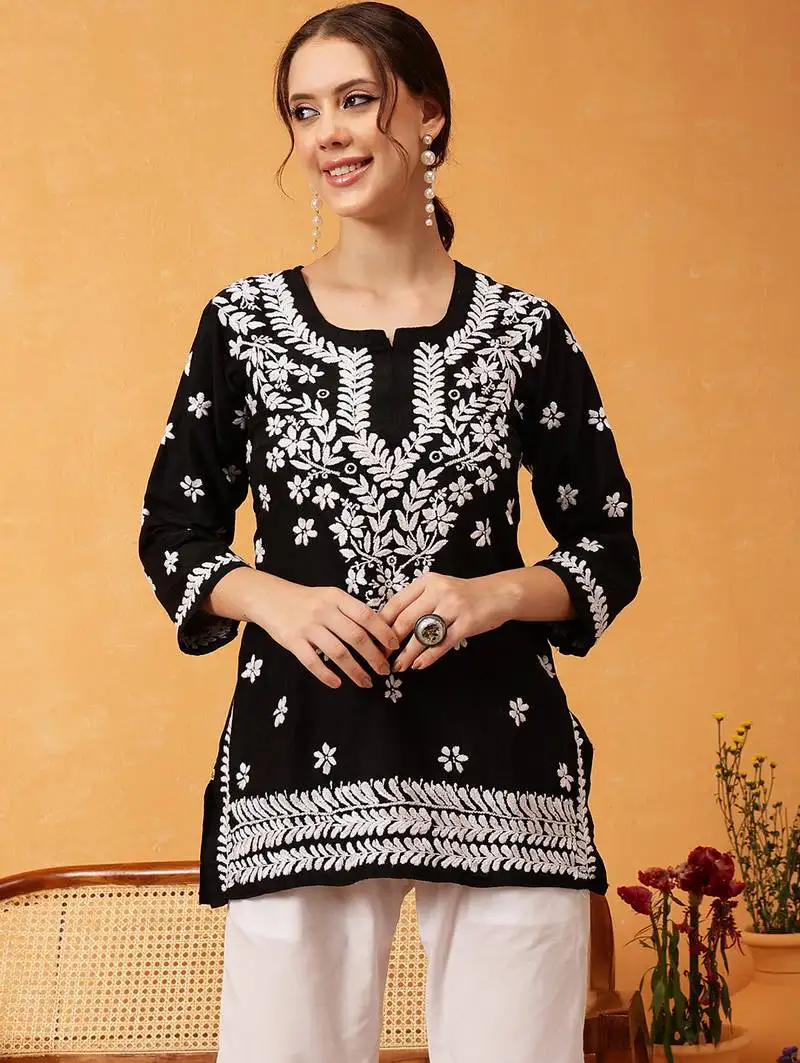 Hand embroidered black muslin lucknowi chikankari short kurti