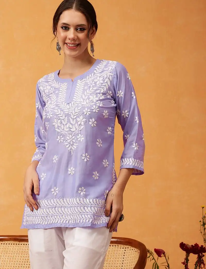Hand embroidered mauve muslin lucknowi chikankari short kurti