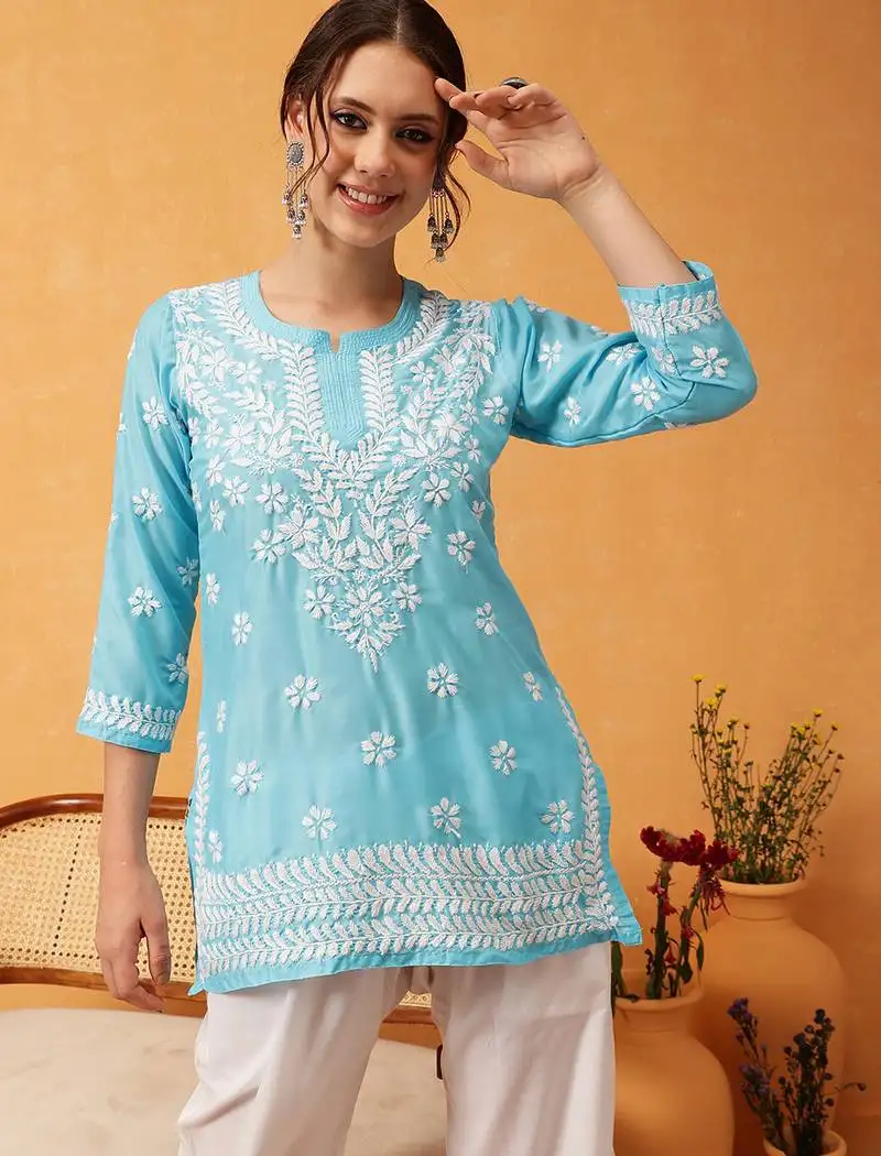 Hand embroidered blue muslin lucknowi chikankari short kurti