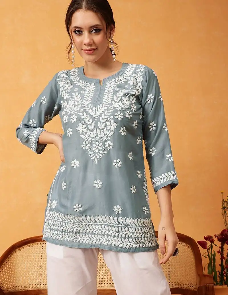 Hand embroidered grey muslin lucknowi chikankari short kurti