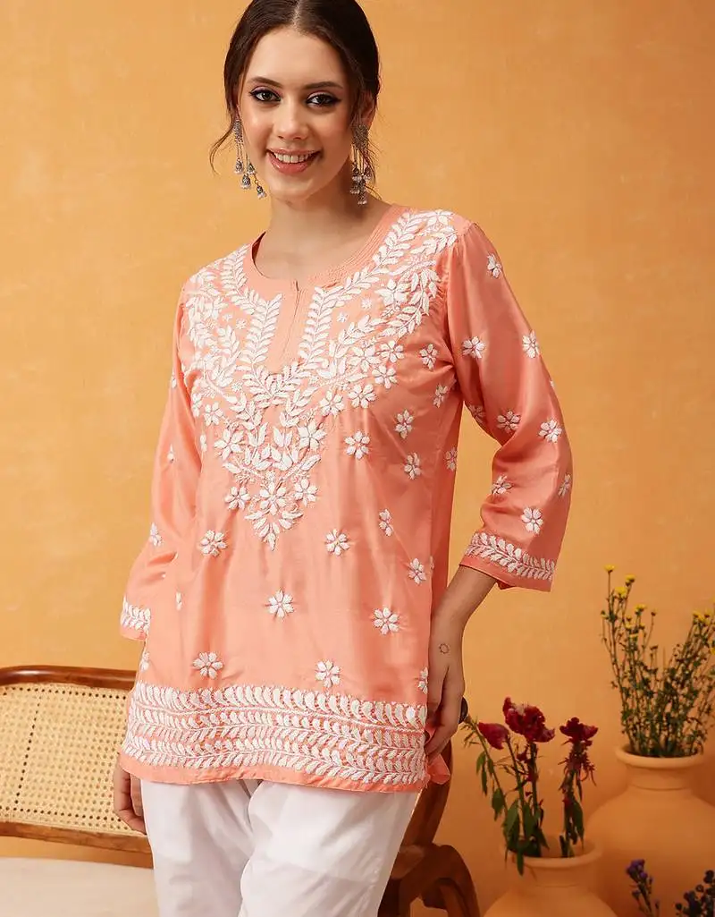 Hand embroidered peach muslin lucknowi chikankari short kurti