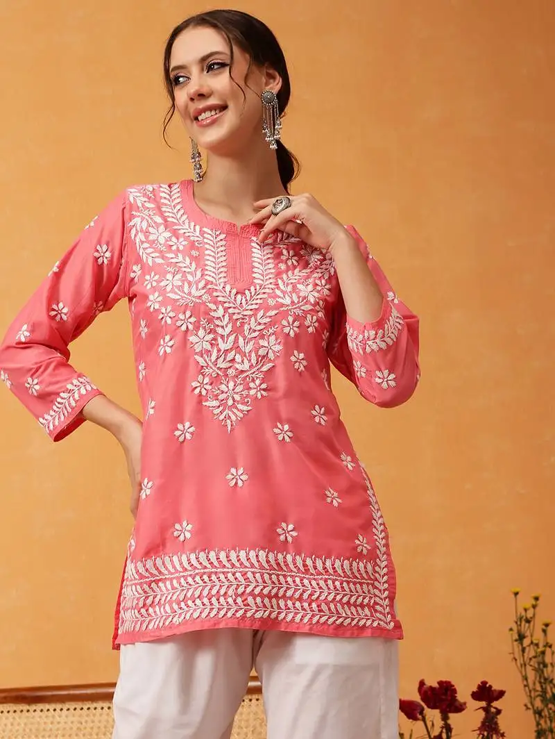 Hand embroidered carrot pink muslin lucknowi chikankari short kurti