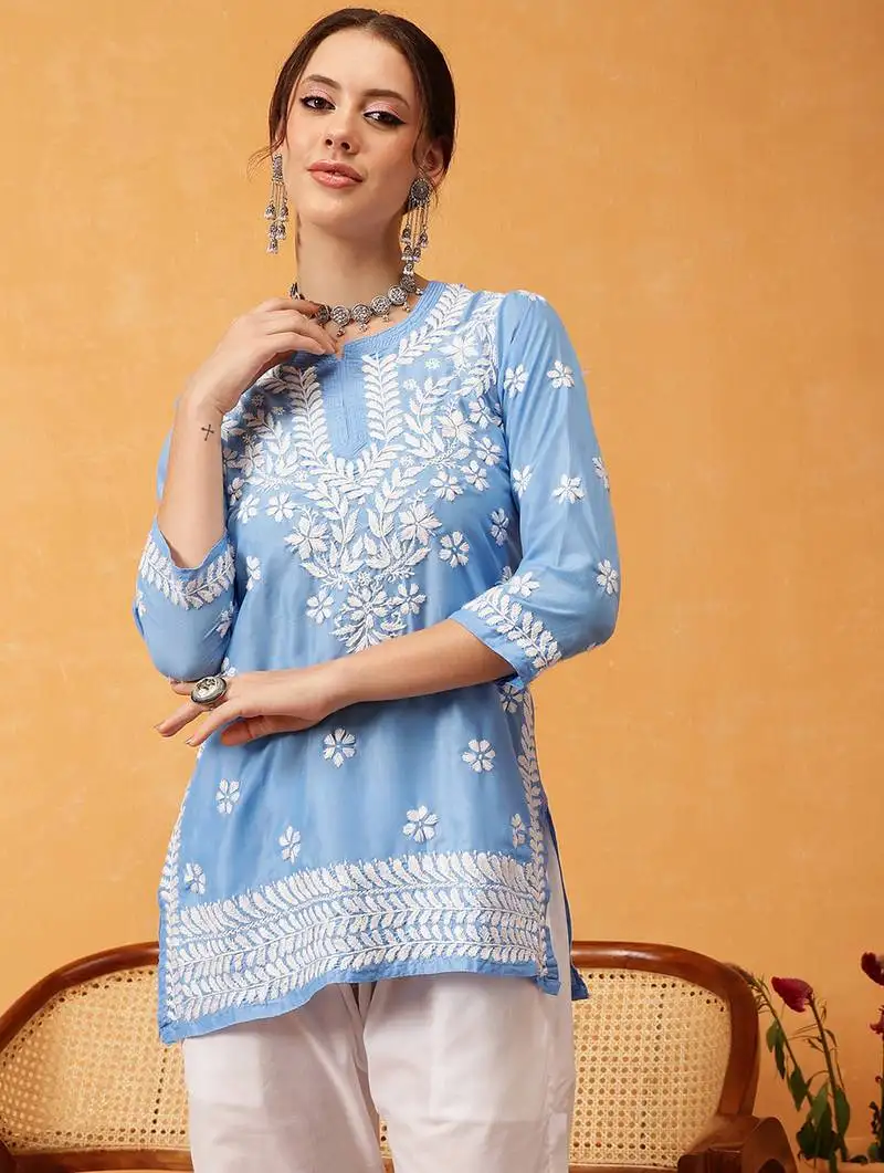 Hand embroidered ink blue muslin lucknowi chikankari short kurti