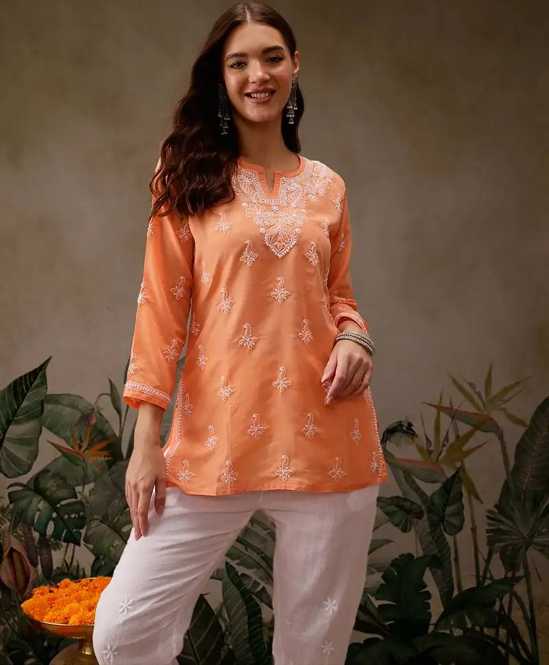 Hand embroidered orange muslin lucknowi chikankari short kurti