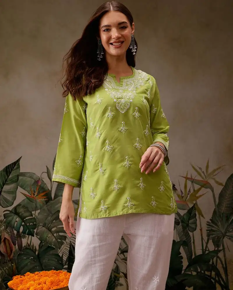 Hand embroidered green muslin lucknowi chikankari short kurti