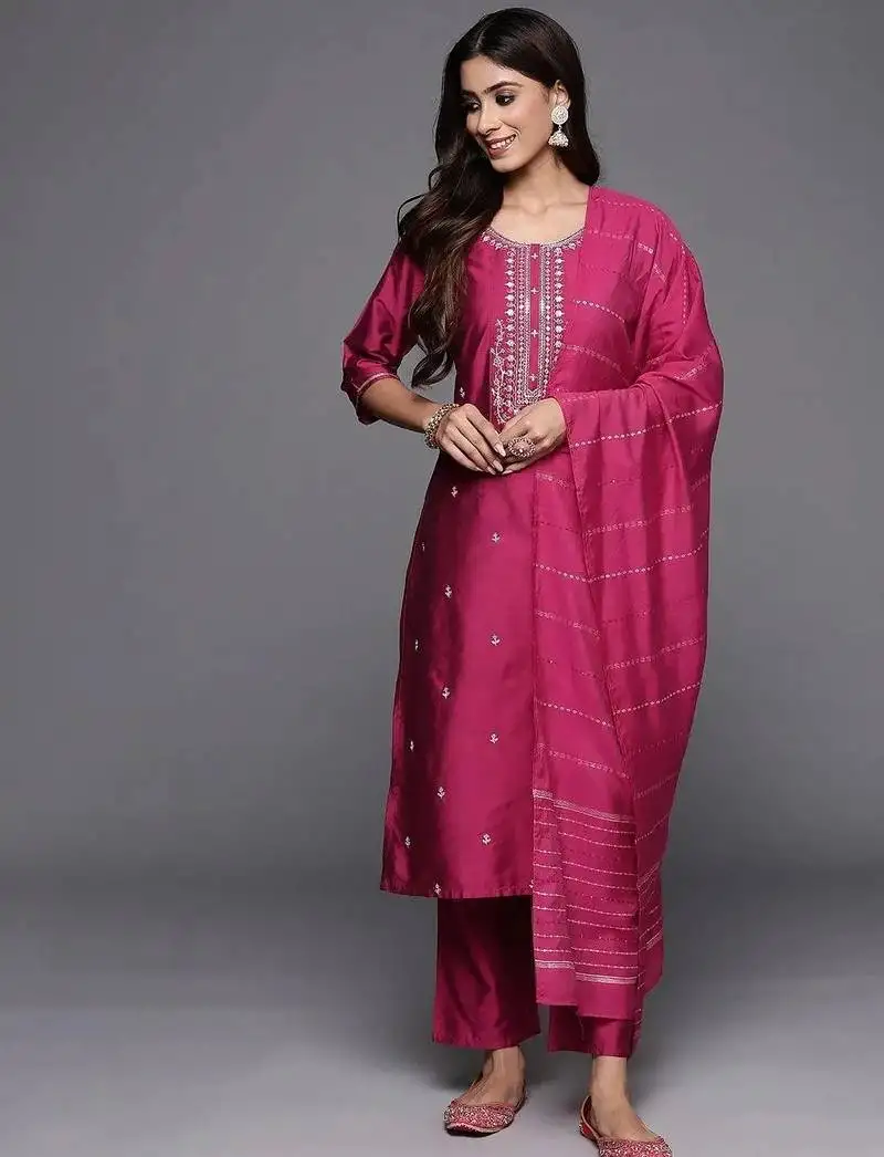 Pink embroidery viscose straight kurta set with dupatta stitched