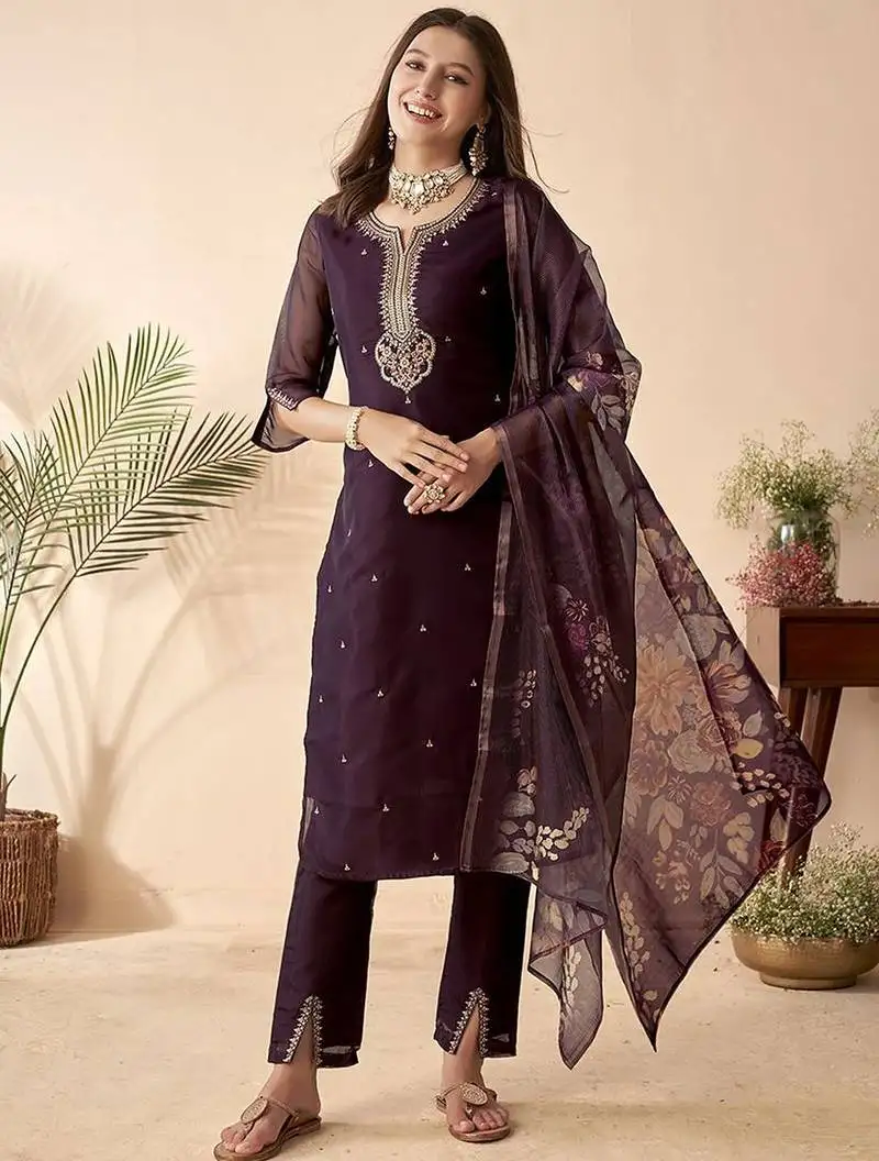 Purple sequins embroidery chanderi silk straight kurta pant set with printed dupatta stitched