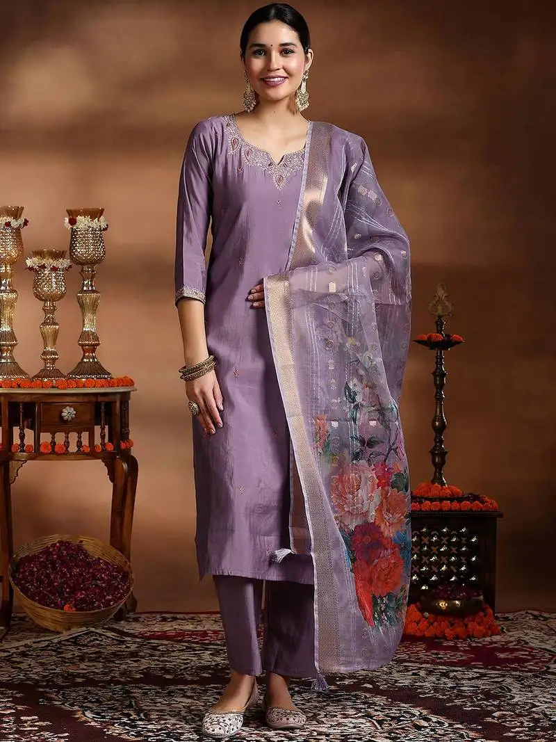 Onion purple embroidery viscose straight kurta pant set with printed dupatta stitched
