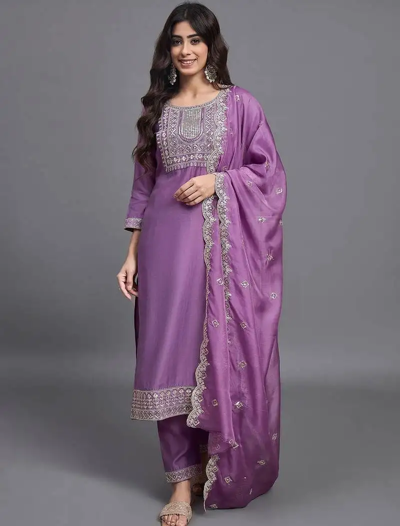 Leafsy purple embroidery chinon straight kurta pant set for women stitched