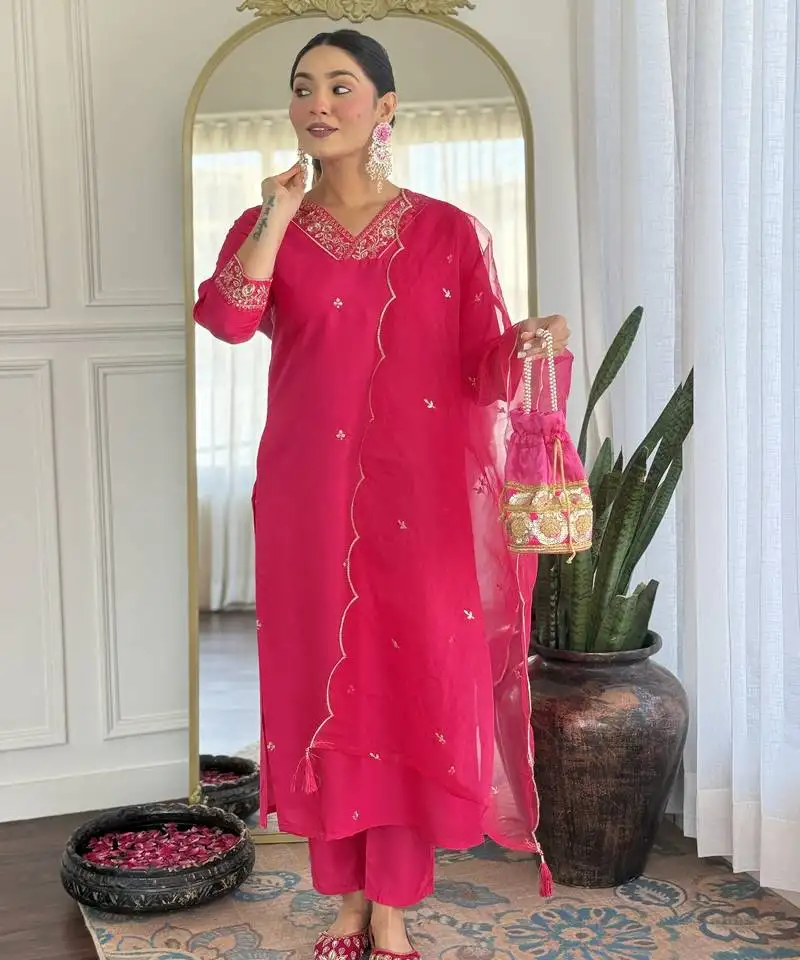 Leafsy pink embroidery chanderi fully stiched straight kurta pant set for women stitched