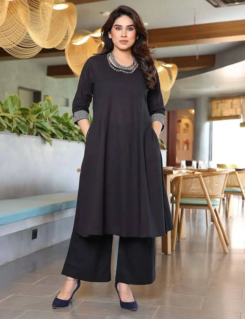 Leafsy black embroidery viscose fully stiched straight kurta plazzo set for women stitched