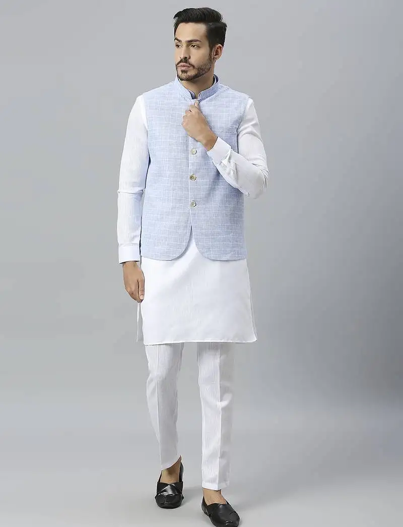 White kurta pyjama with sky blue linen nehru jacket