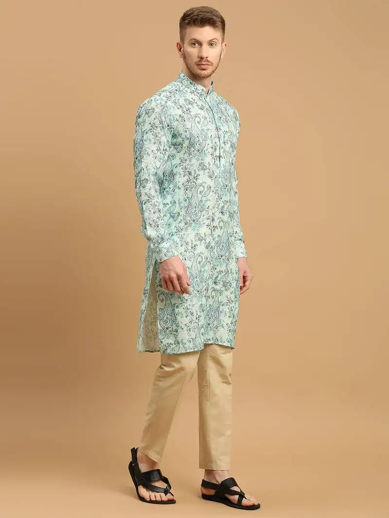 Sea green kurta with ethnic motif prints and gold thread work