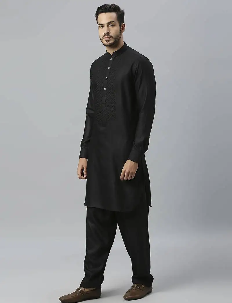 Black yoke design cotton kurta with pathani salwar