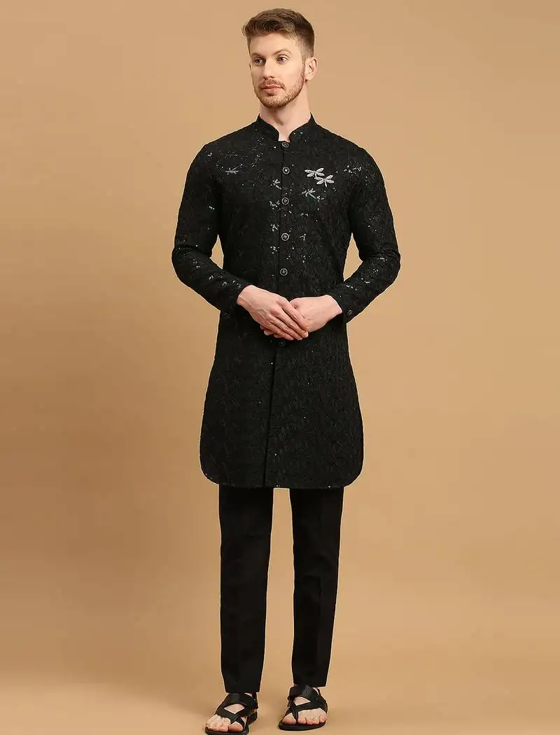 Black front-open kurta pyjama with floral chikankari and sequins