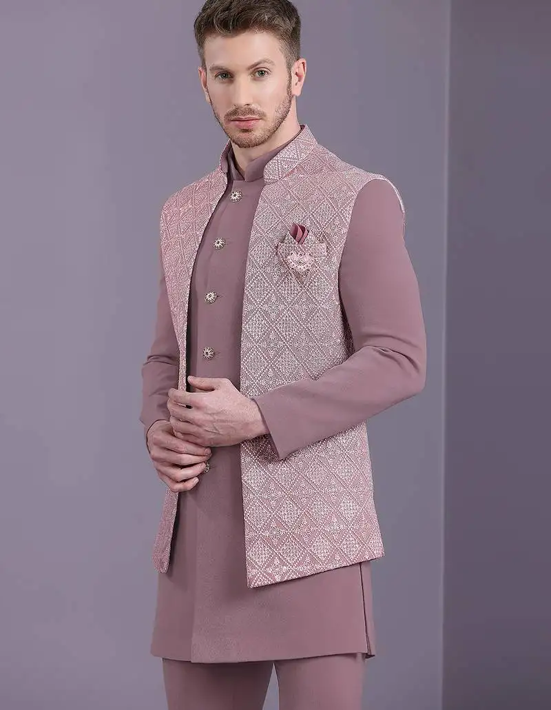 Onion pink indowestern with lucknowi embroidered long jacket