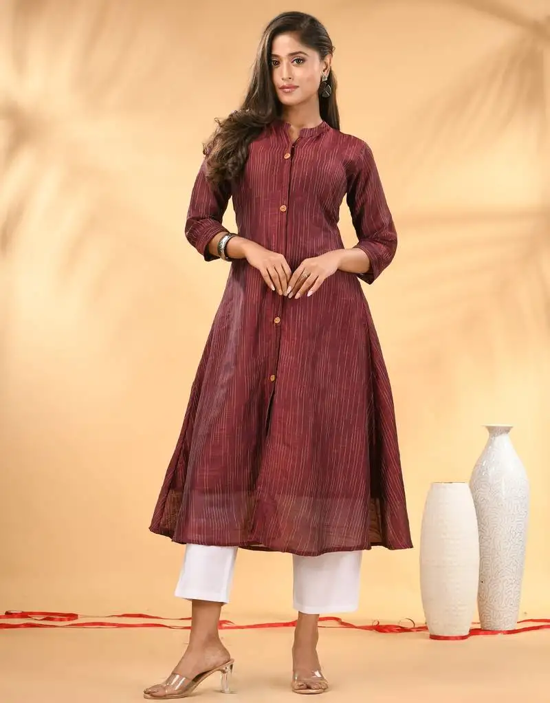 Maroon textured cotton handloom a-line kurta