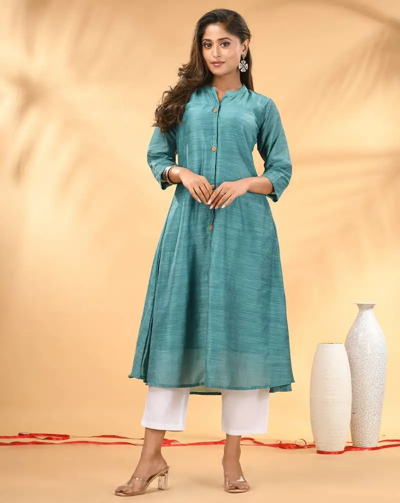 Teal solid cotton handloom a-line kurta