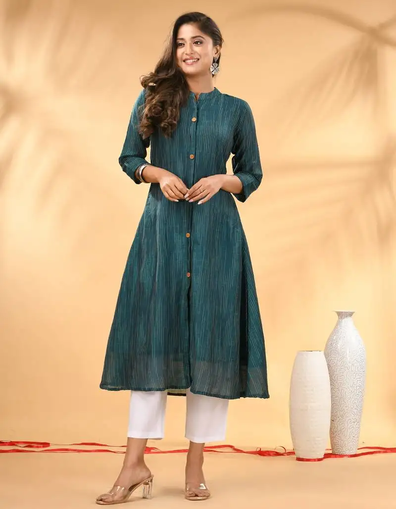 Teal textured cotton handloom a-line kurta