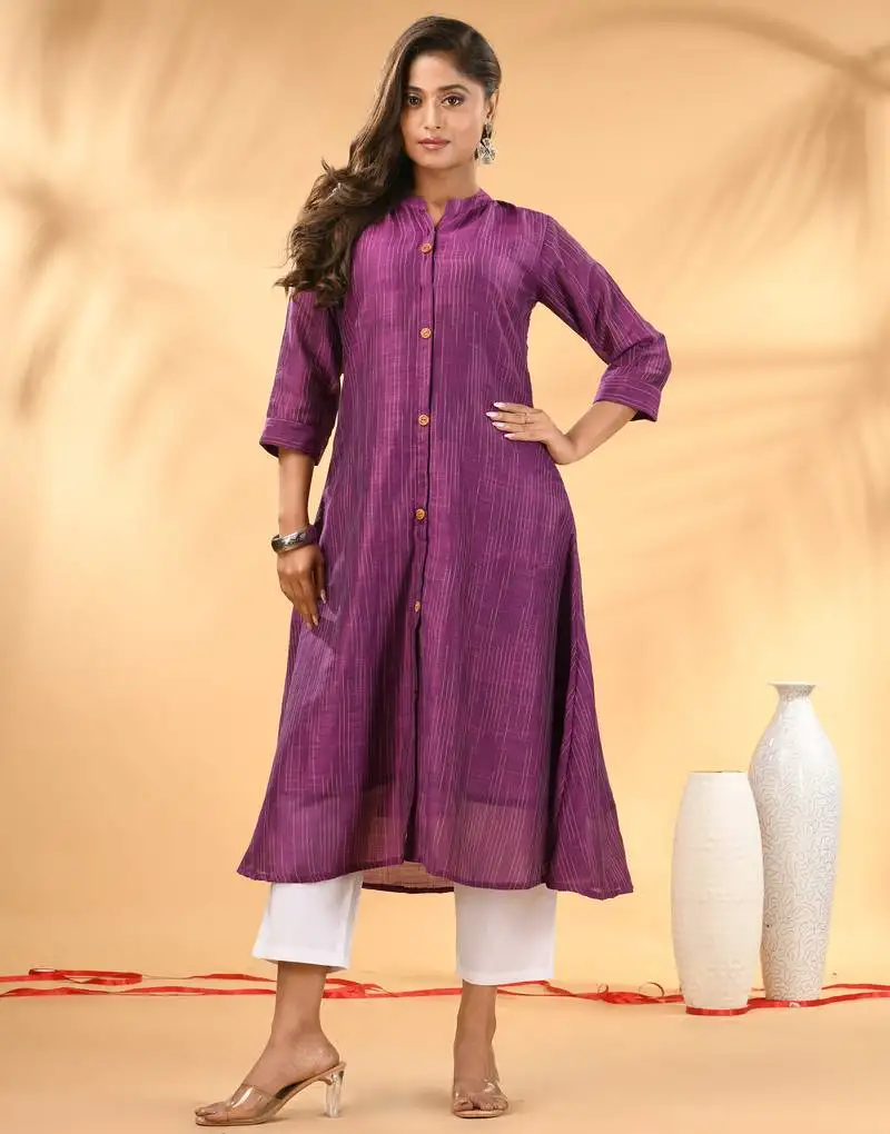 Purple textured cotton handloom a-line kurta