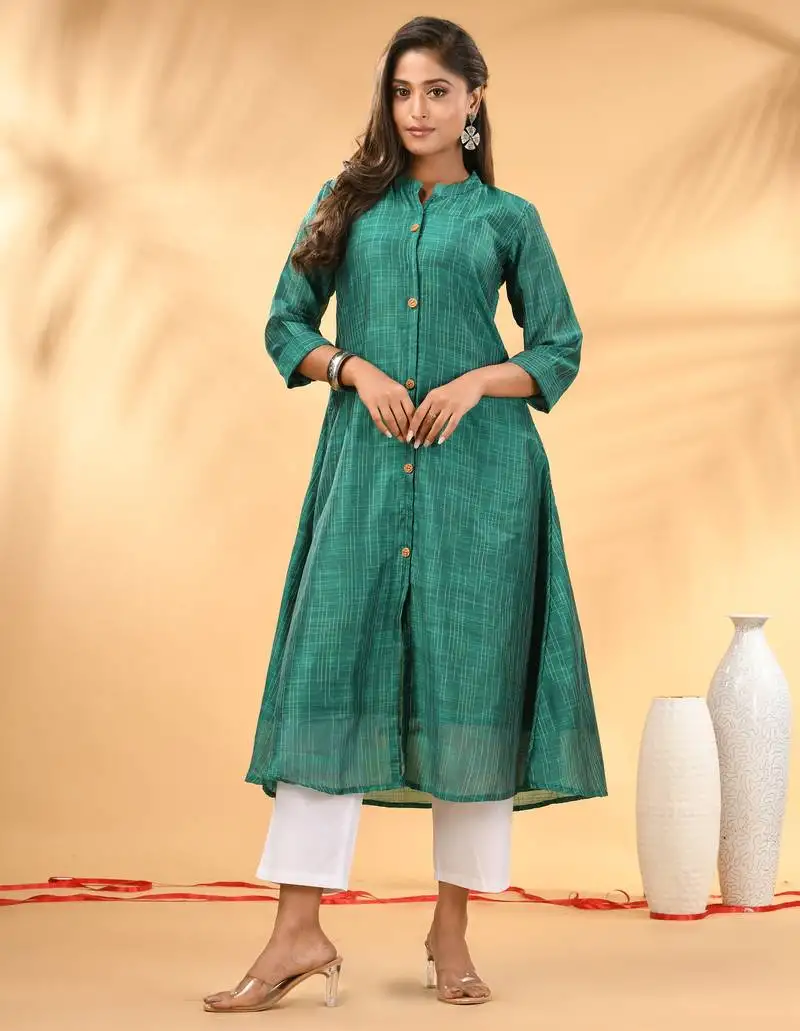 Green textured cotton handloom a-line kurta