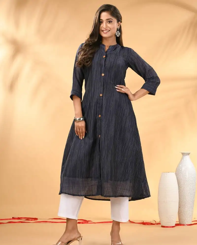 Midnight blue textured cotton handloom a-line kurta