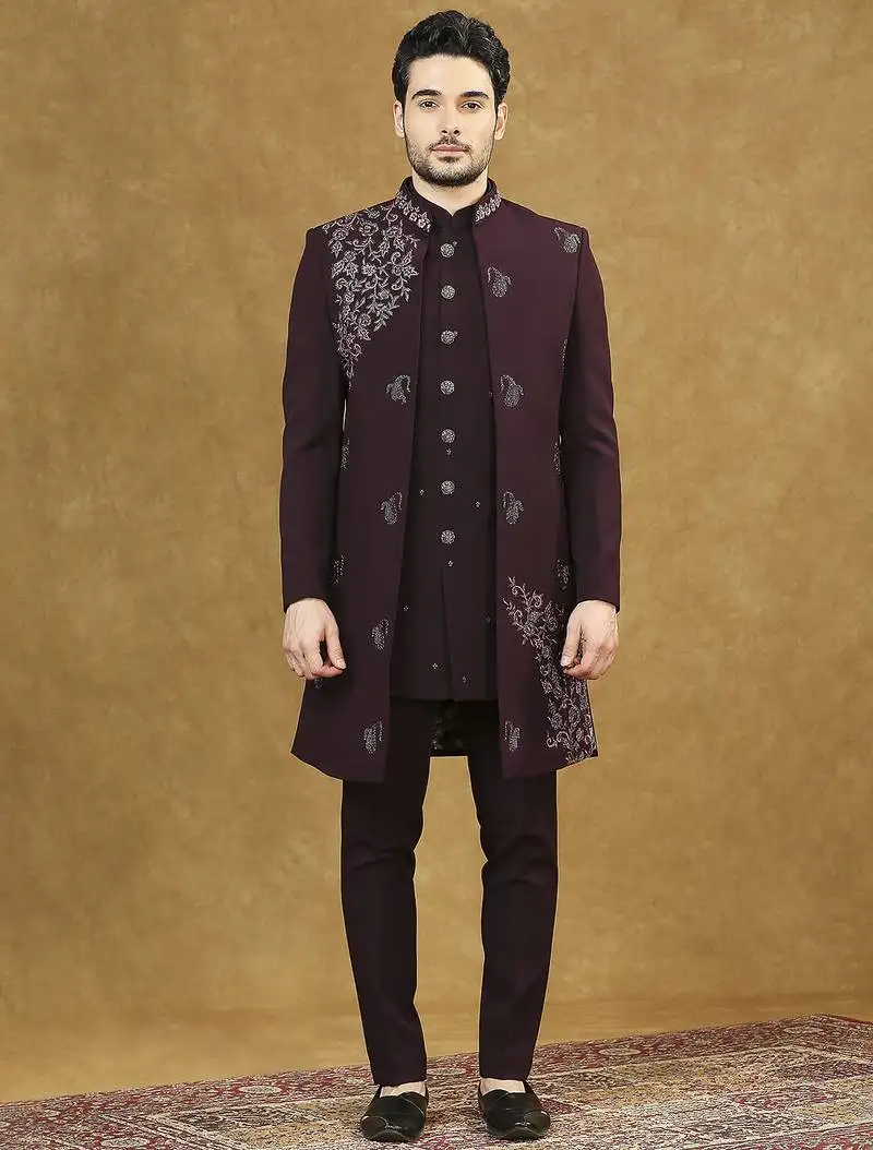 Maroon open pattern indowestern with hand embroidery