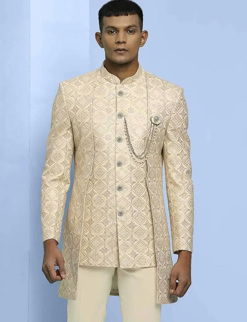 Cream lucknowi embroidered indowestern with short front pattern