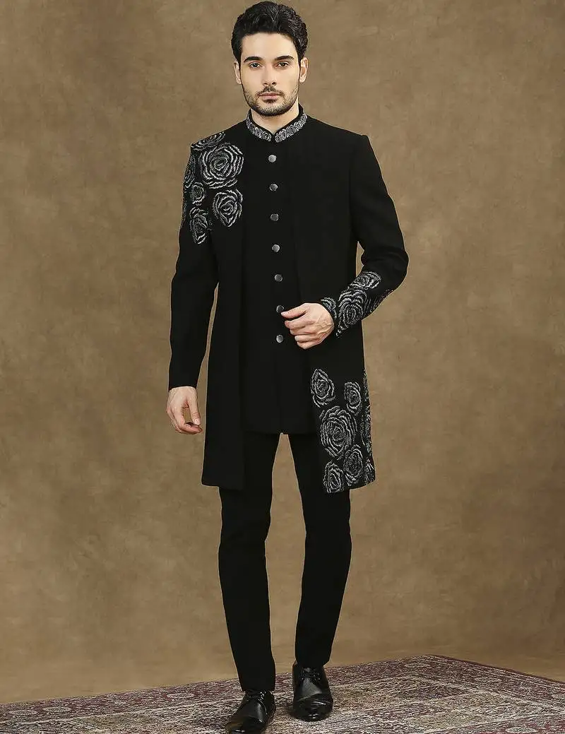Black hand embroidered cutdana work indowestern with short back pattern