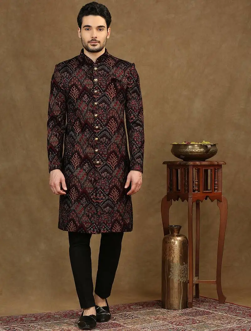 Maroon men's sherwani featuring thread work embroidery
