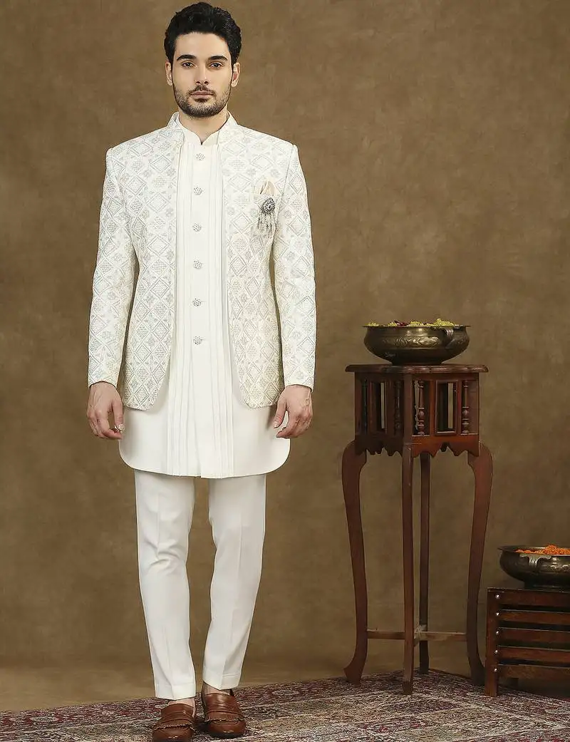 Off white indowestern with lucknowi embroidered jacket