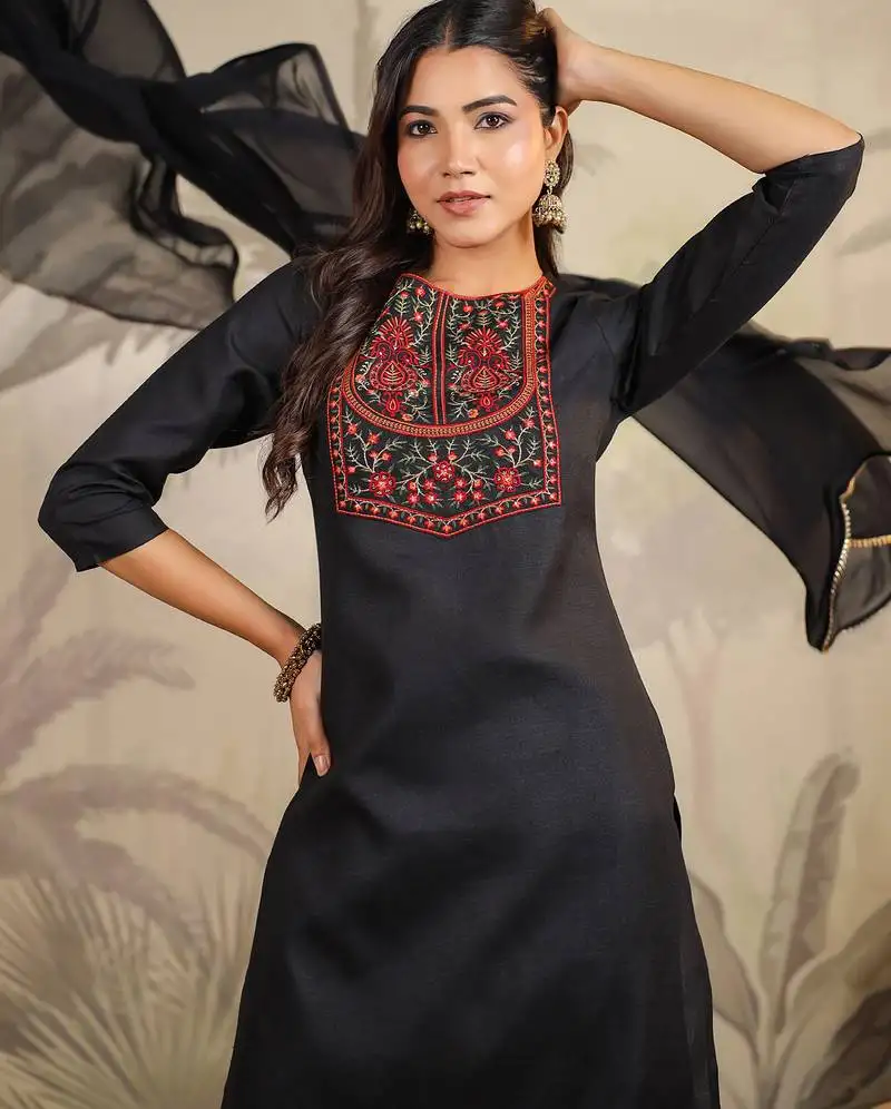 Black cotton blend yoke embroidered straight kurta set