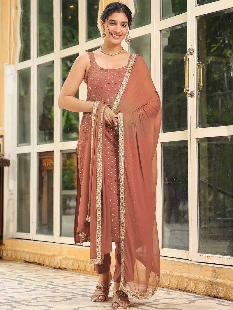 Orange rayon foil printed straight kurta set