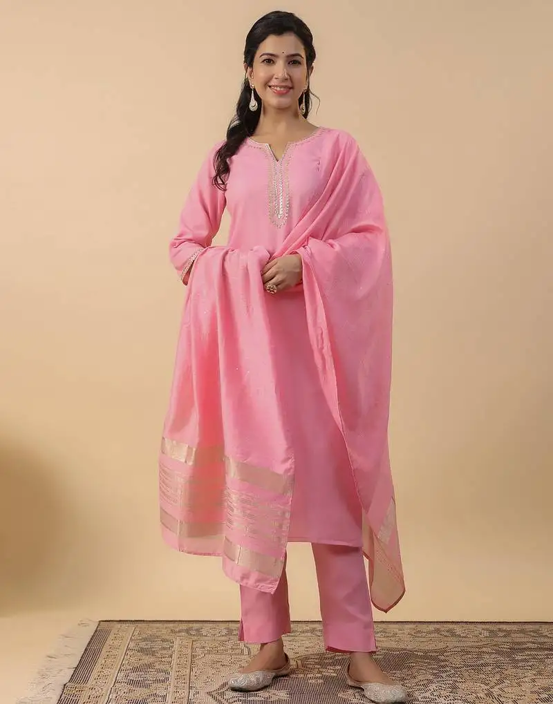 Baby pink cotton blend solid straight kurta set