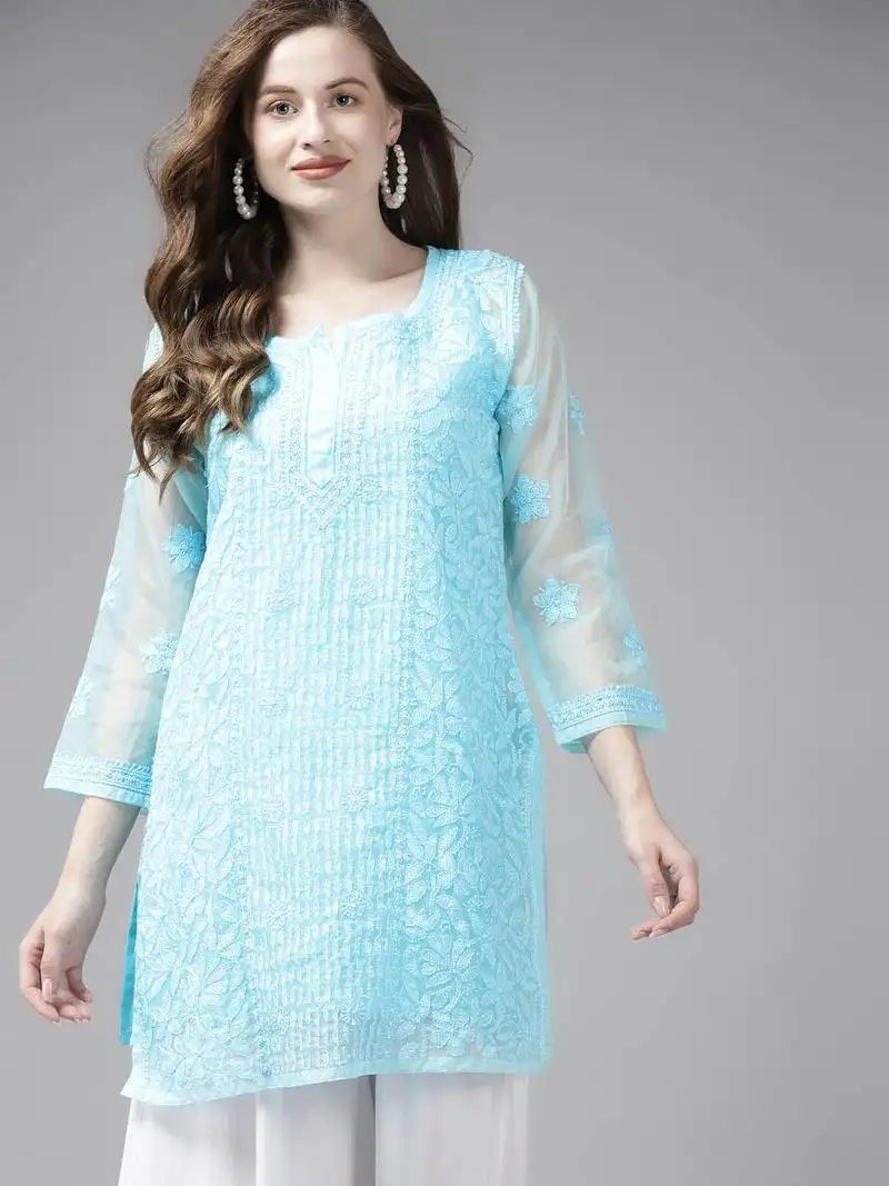Hand embroidered blue organza lucknowi chikankari short kurti with slip