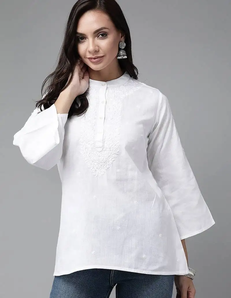 Hand embroidered white linen lucknowi chikankari short kurti